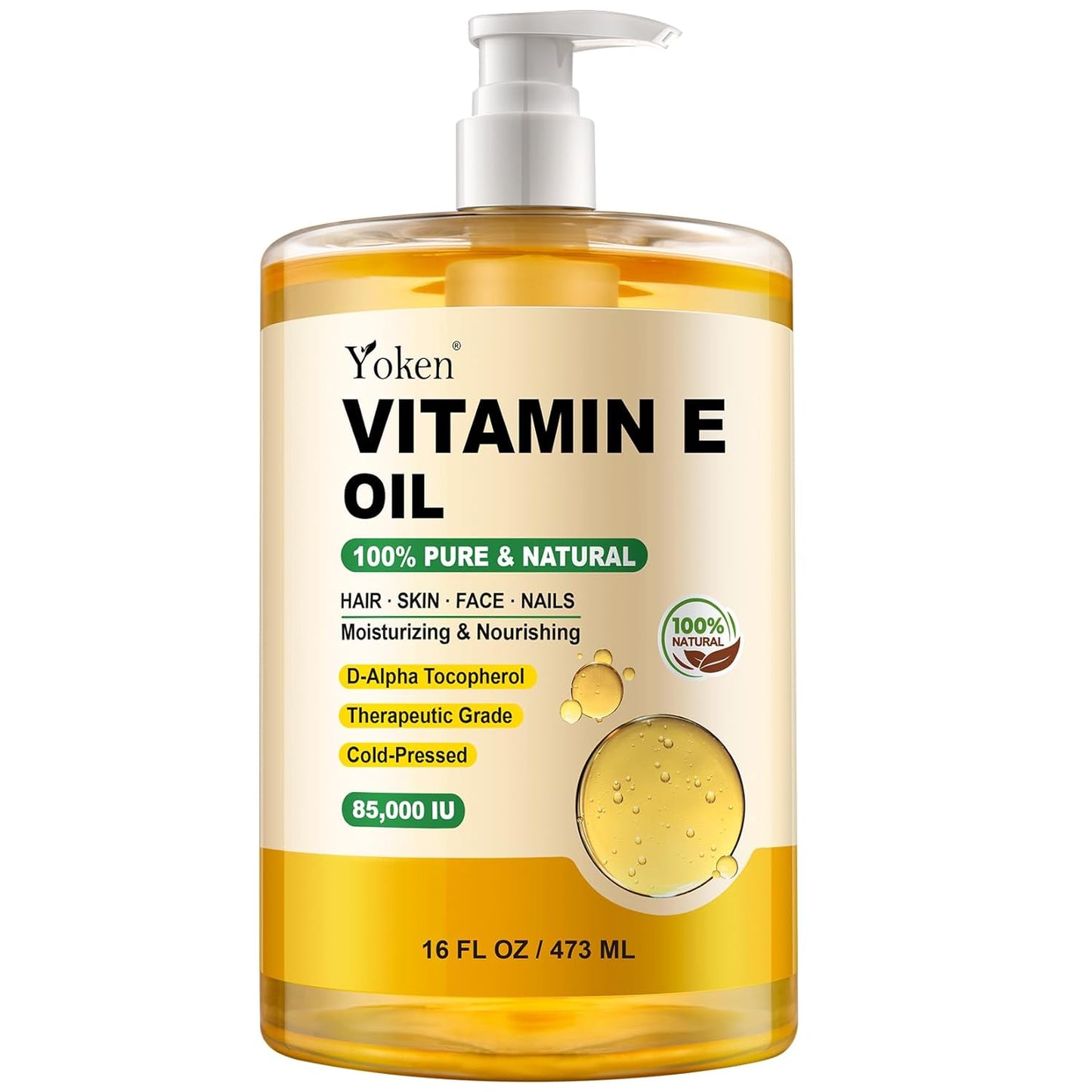 Yoken Vitamin E Oil 16 Fl Oz Organic Vitamin E Oil for Skin 85,000 IU Bulk Vitamine oils for Scars Hair,Face,Nail,Cold Pressed Hexane Free Formula Liquid Perfect Scalp Care Bath and Body oils
