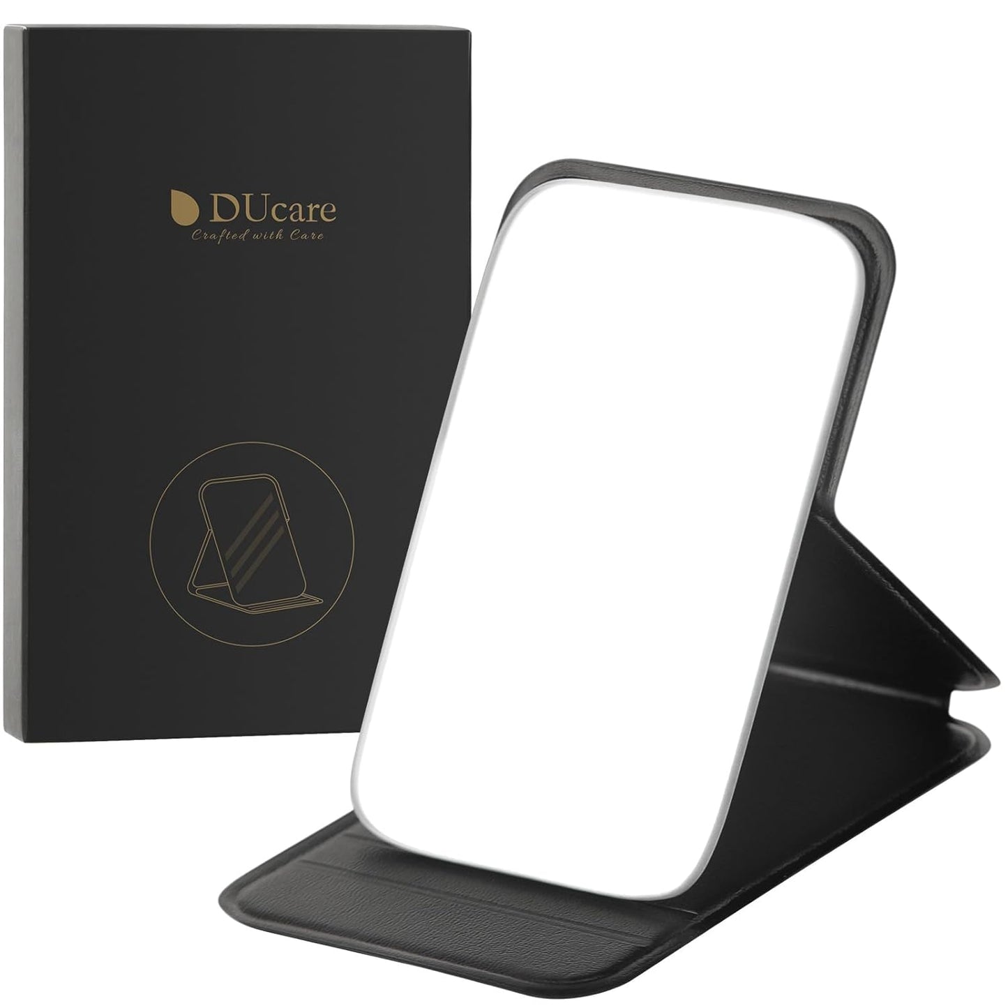 DUcare Mini Folding Mirror Portable Travel PU Portable Adjustable Rectangular Ultrathin Vanity Mirror with Stand, for Travel, Camping,Home