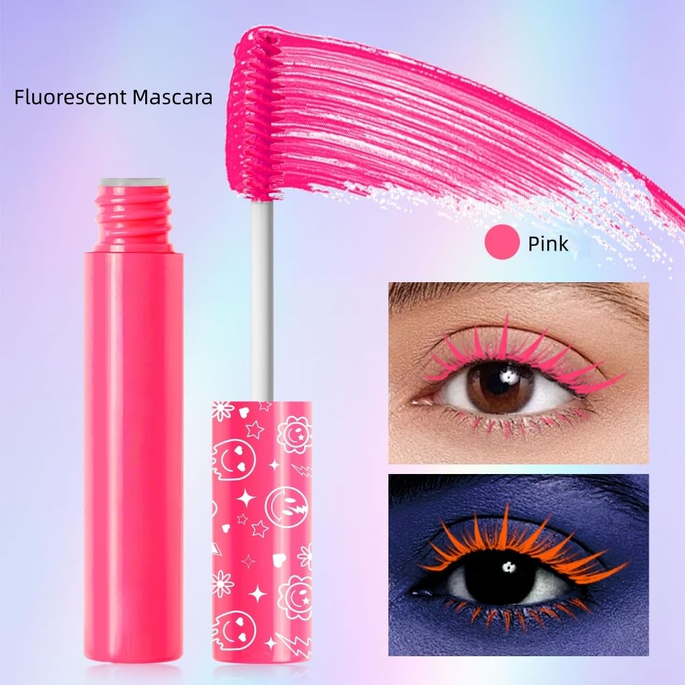 6 Colors Fluorescent Mascara, Glow Colored Mascara, Parties, Weddings, Stage Use, Party Night, Halloween Christmas Parties, High Pigmented, Apply to Eyelashes/Eyebrows/Hair (Pink)