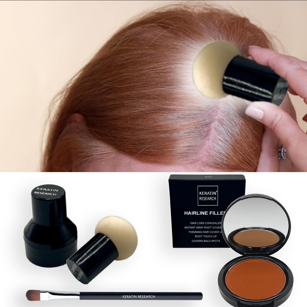 KERATIN RESEARCH Hairline Filler Unisex Mineral Powder Root Touch-Up Hair loss Concealer Scalp & Beard Bald Patch Coverage Fibers for Thinning Hair Waterproof Organic Natural look (AUBURN, XL)