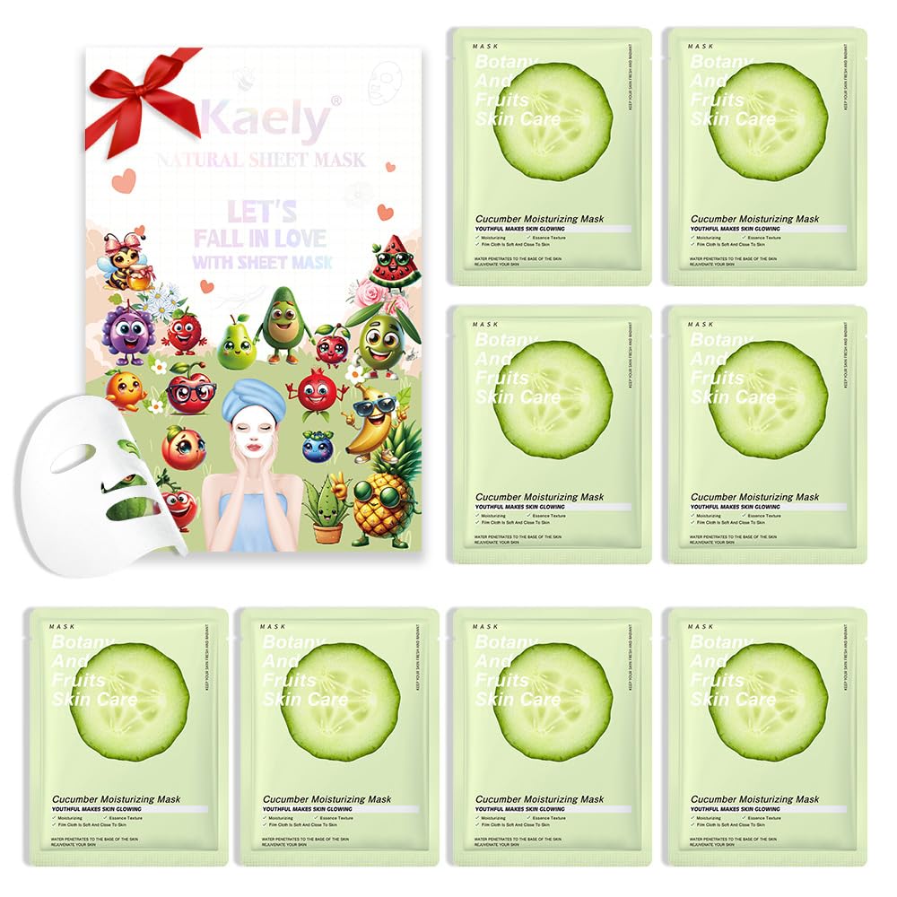 8 Pack Cucumber Face Sheet Mask Skincare,Hydrating Face Mask For Sensitive Skin,Moisturize,Soothing,Nourish for All Skin Types,Natural Spa Party Facial Mask Skincare Set for Women Men Girls