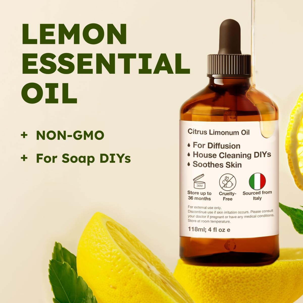 Kukka Lemon Essential Oil for Skin Cleaning - 4 Fl Oz - Fresh Lemon Scent, for Diffuser, Aromatherapy, DIY Soap Making Scents