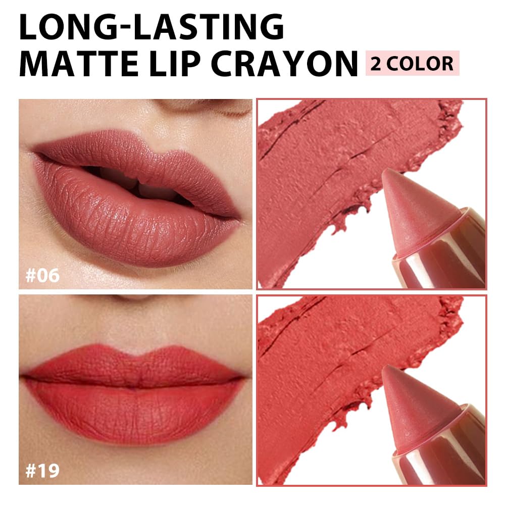 BINGBRUSH Matte Lip Crayon Set – Longwear, Waterproof, Velvet Finish, Built-in Sharpener, Smooth Lip Liner & Gloss (06#+19#, 2 Count (Pack of 1))
