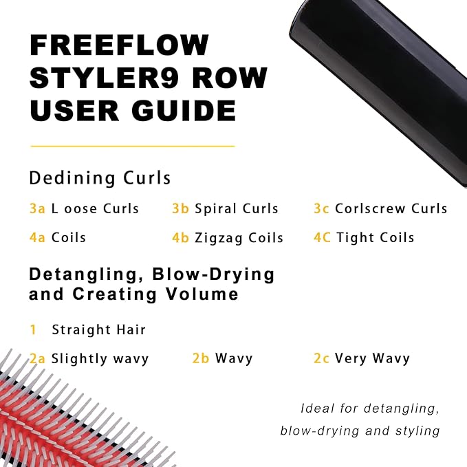 Classic Styling Hair Brush for Wet or Dry Curly Hair. 9 Row Black Brush for Detangling, Separating, Shaping