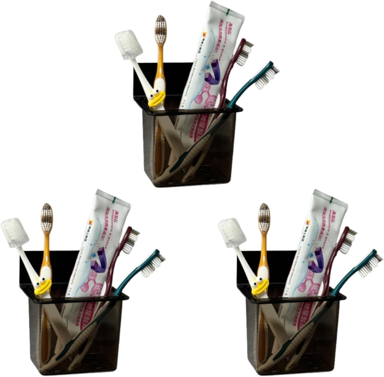 3 Pack Modern Black Metal Clear Plastic Toothbrush Holders,Toothpaste Holder Set - Kids & Adults with Wall-Mounted Metal Bathroom Organizer Set for Bathroom