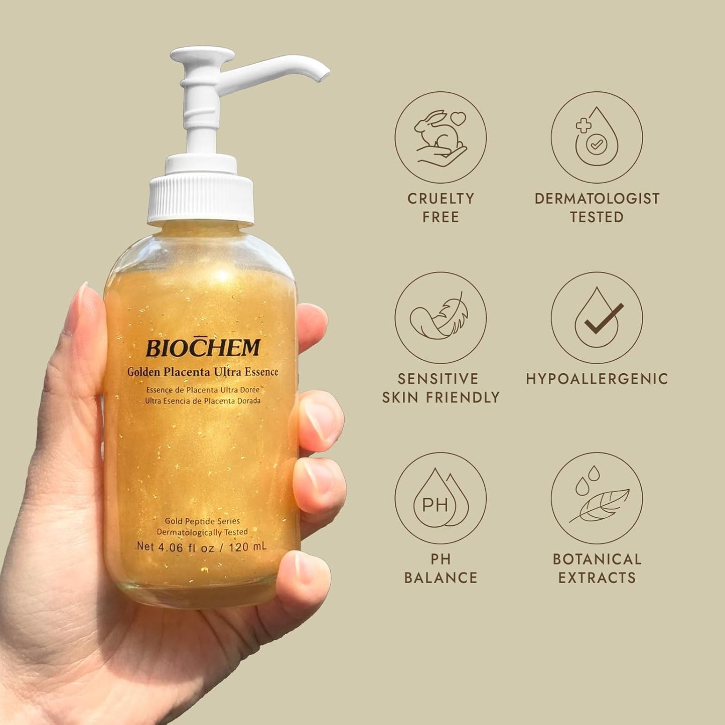 BIOCHEM Golden Placenta Ultra Essence - Placenta Face Serum with Gold Foil, Anti-aging, Hydrating, Firming, Wrinkles, Fine Lines and Skin Tone, Gentle Skincare for Fragrance-Free(4.06 fl. oz / 120 mL)