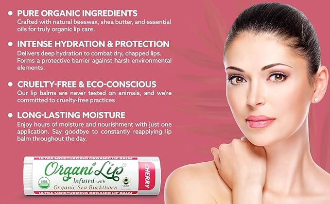 Organic Lip Balm, Cherry Flavor, Ultra Hydrating Lip Moisturizer for Cracked or Dry Lips, Infused With Organic Sea Buckthorn, Oval Shaped Tube, USDA Certified Organic, 30 Pack
