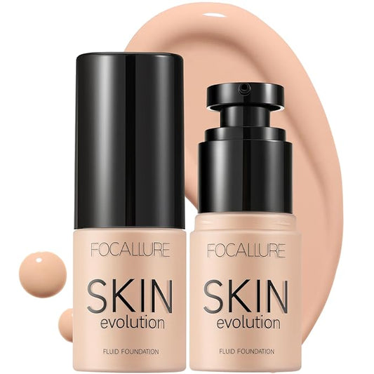 FOCALLURE 2 Pcs Liquid Foundation, Skin Evolution Foundation + Concealer, Full Coverage Foundation Makeup, Durable, Waterproof, Oil-Control, Hides Wrinkles & Lines, Porcelain
