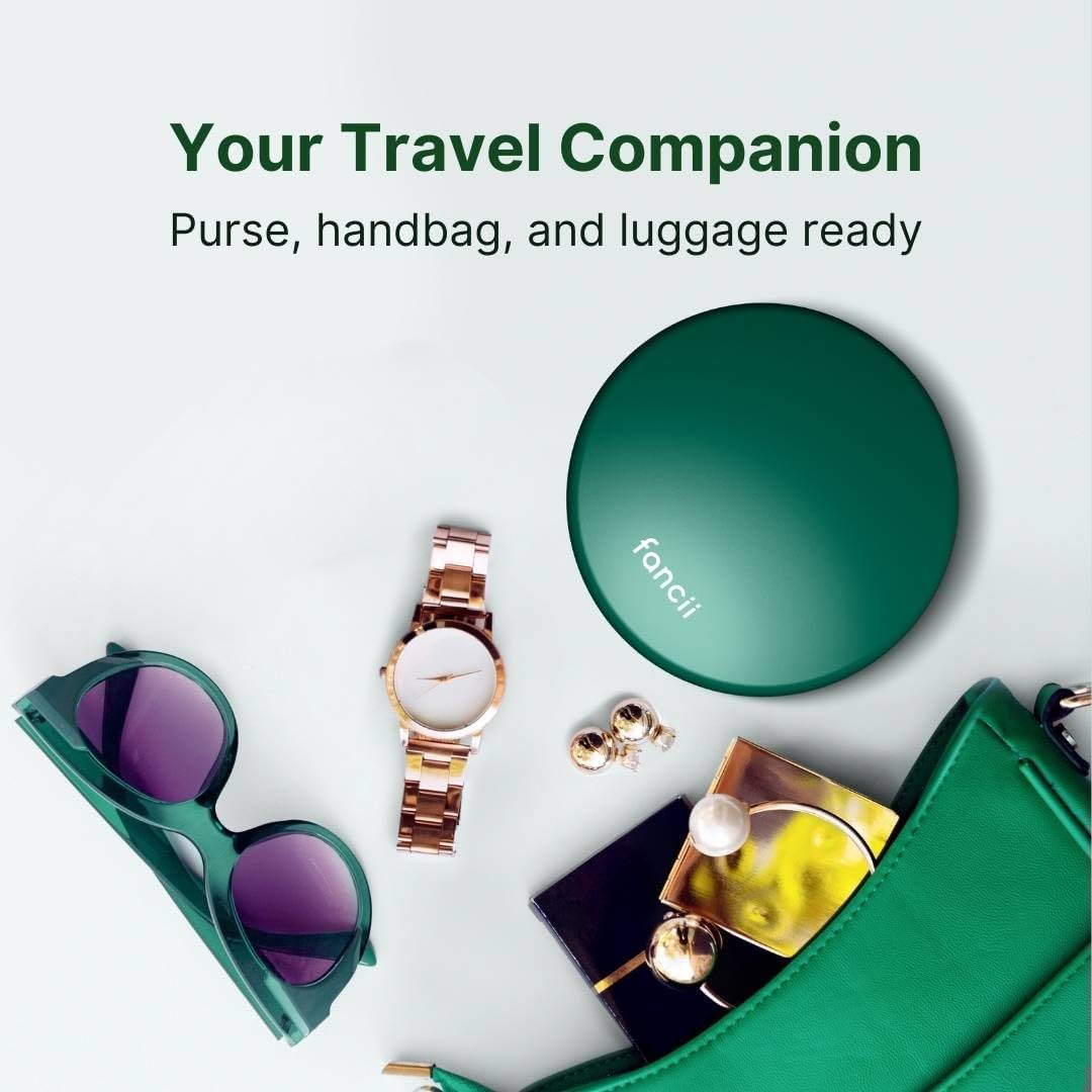 Fancii Taylor Rechargeable Travel Makeup Mirror with LED Lights, 10x /1x Magnifying, 3 Light Settings, Large 5” Wide | Compact Mirror for Purses (Emerald Envy)