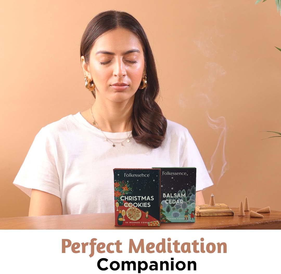 Folkulture Backflow Incense Cones | 20 Pc Incense Cone Scented | 2 Fragrance Cone-Insenses - Christmas Cookie & Balsam Cedar | Natural, Non Toxic | Christmas Inscents-Cones | Relaxing, Meditation
