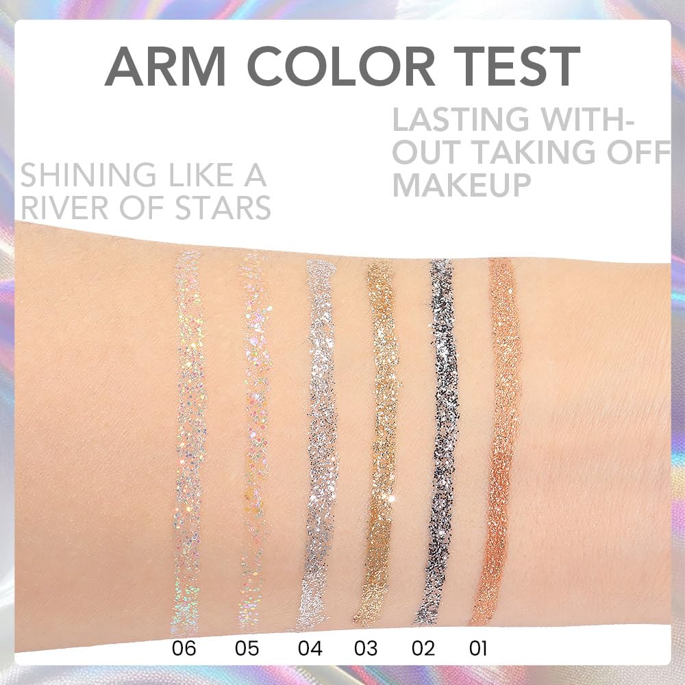 evpct 6Pcs Sparkle Glitter Liquid Eyeliner Eye Makeup Set, Metallic Liquid Eyeliner Waterproof Long-lasting, Liquid Glitter Eye liner in Multi Colors for Stunning Shimmery Eye Look, 01#