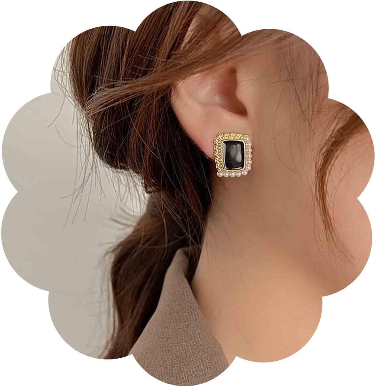 Vintage Black Square Earrings Onyx Square Stud Earrings Black Enamel Square Earrings Tiny Pearl Square Stud Earrings Jewelry for Women