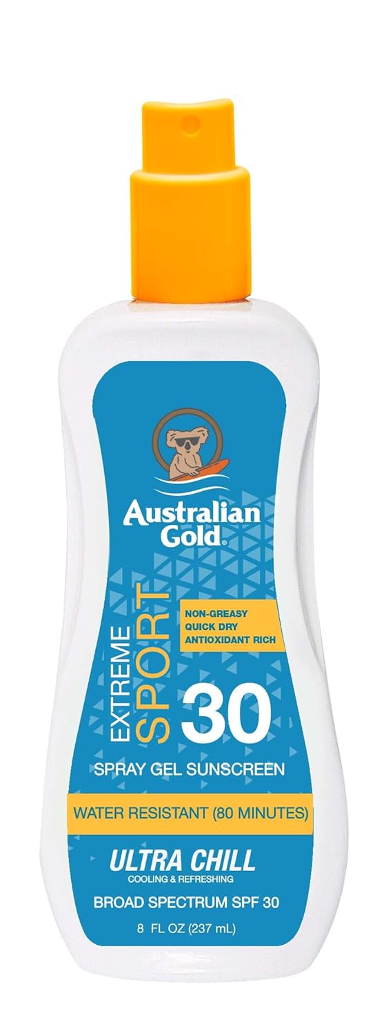 Australian Gold Extreme Sport Spray Gel Sunscreen SPF 30, 8 Ounce | Broad Spectrum | Sweat & Water Resistant | Non-Greasy | Oxybenzone Free | Cruelty Free