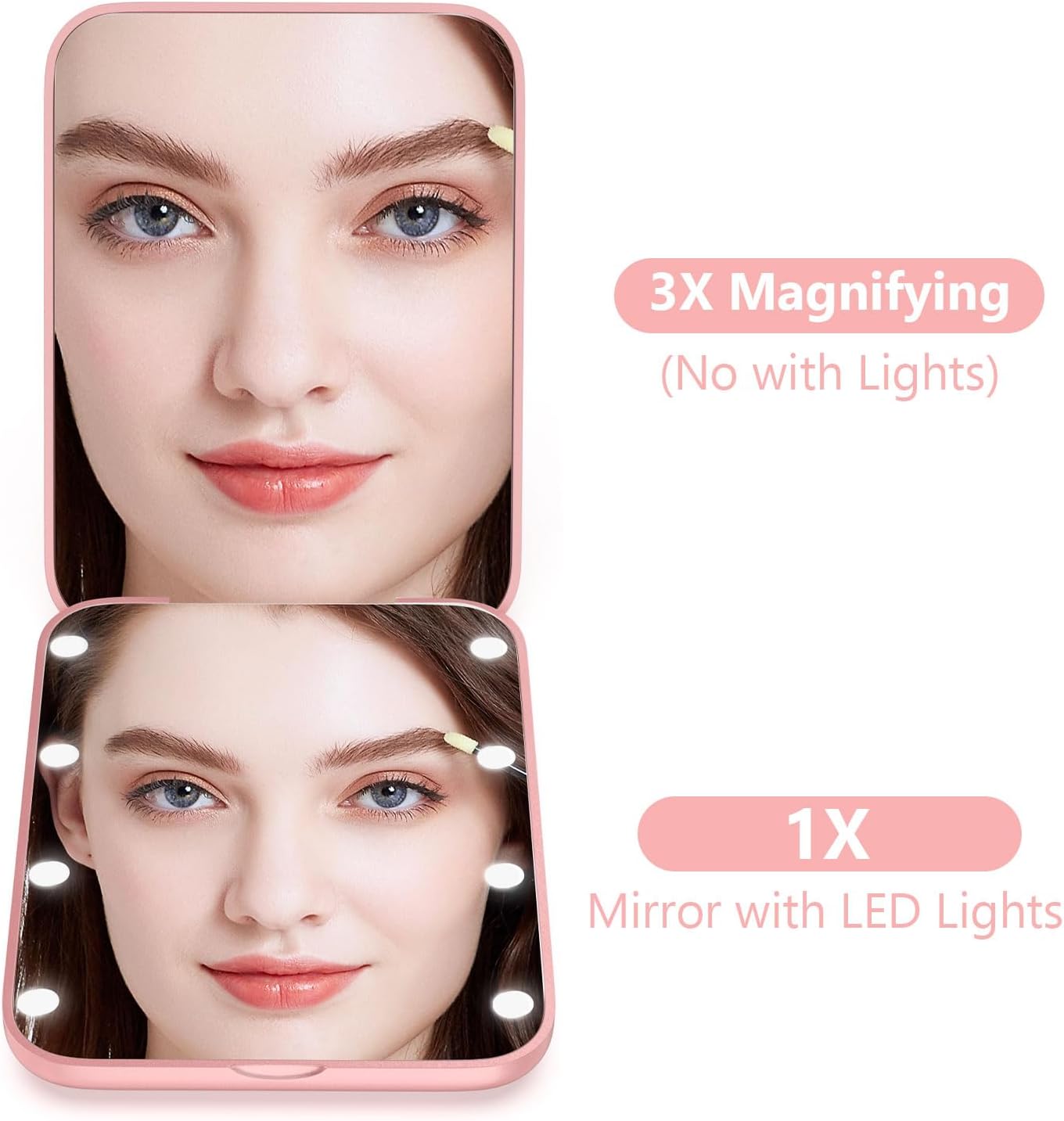 WOBSION Small Mirror with Lights,LED Compact Makeup Mirror,1x/3x Mini Travel Mirror with Magnification,Portable for Purse,Pocket,Gifts for Girls,Rose Gold