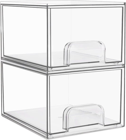 Vtopmart 2 Pack Clear Stackable Storage Drawers, 4.4'' Tall Acrylic Bathroom Makeup Organizer,Plastic Storage Bins For Vanity, Undersink, Kitchen Cabinets, Pantry, Home Organization