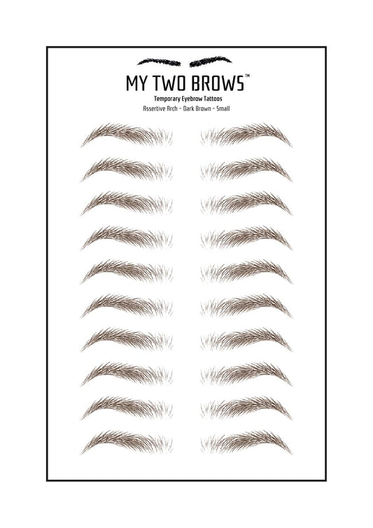 (10 pairs) Dark Brown Temporary Eyebrow Tattoo - Small Size - Waterproof & Smudgeproof - Assertive Arch Style Eyebrow Stickers - Sheet Lasts up to 30 Days - Won't Work on Existing Brows