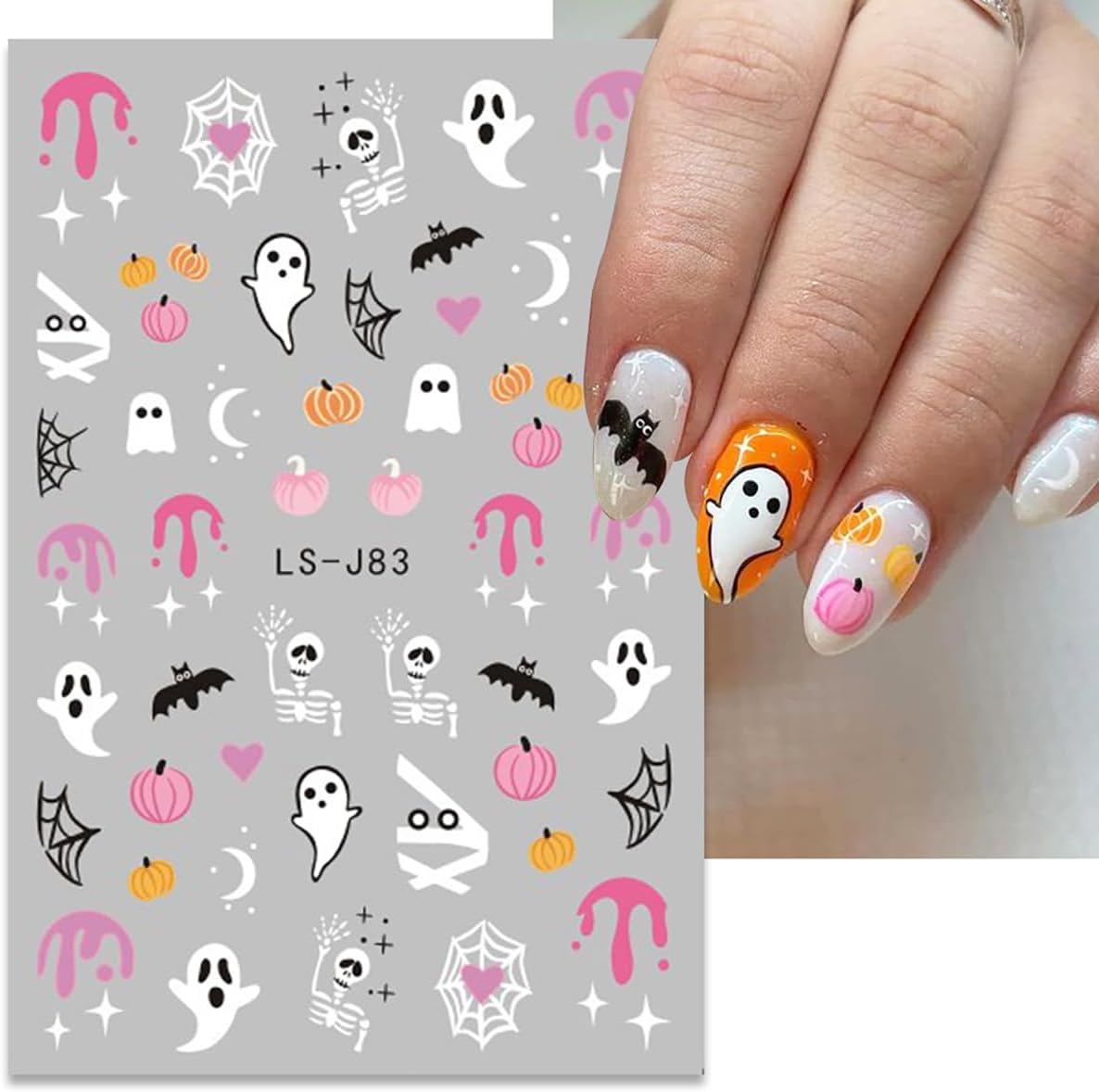 6Sheets Halloween Nail Art Stickers 3D Cute Zombie Ghost Decals Pumpkin Blood Skull Spooky Design Black Cat Gothic Supplies for Women DIY