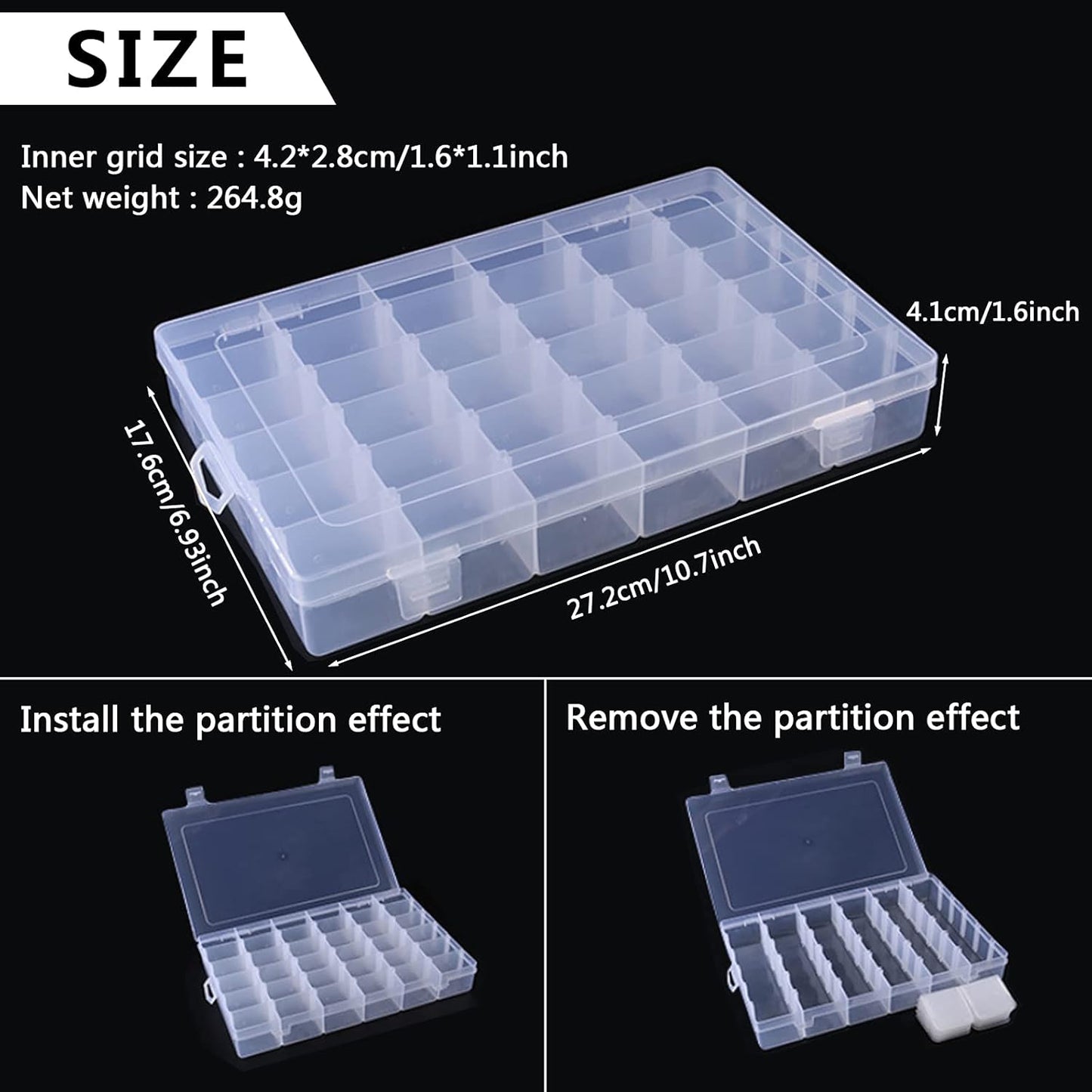 5Pack 36 Grids Clear Plastic Organizer Box with Adjustable Dividers Storage Container Jewelry Box for Beads Art Crafts Pieces Letter Board Fishing Tackles Rock Collection with 2000pcs Label Stickers