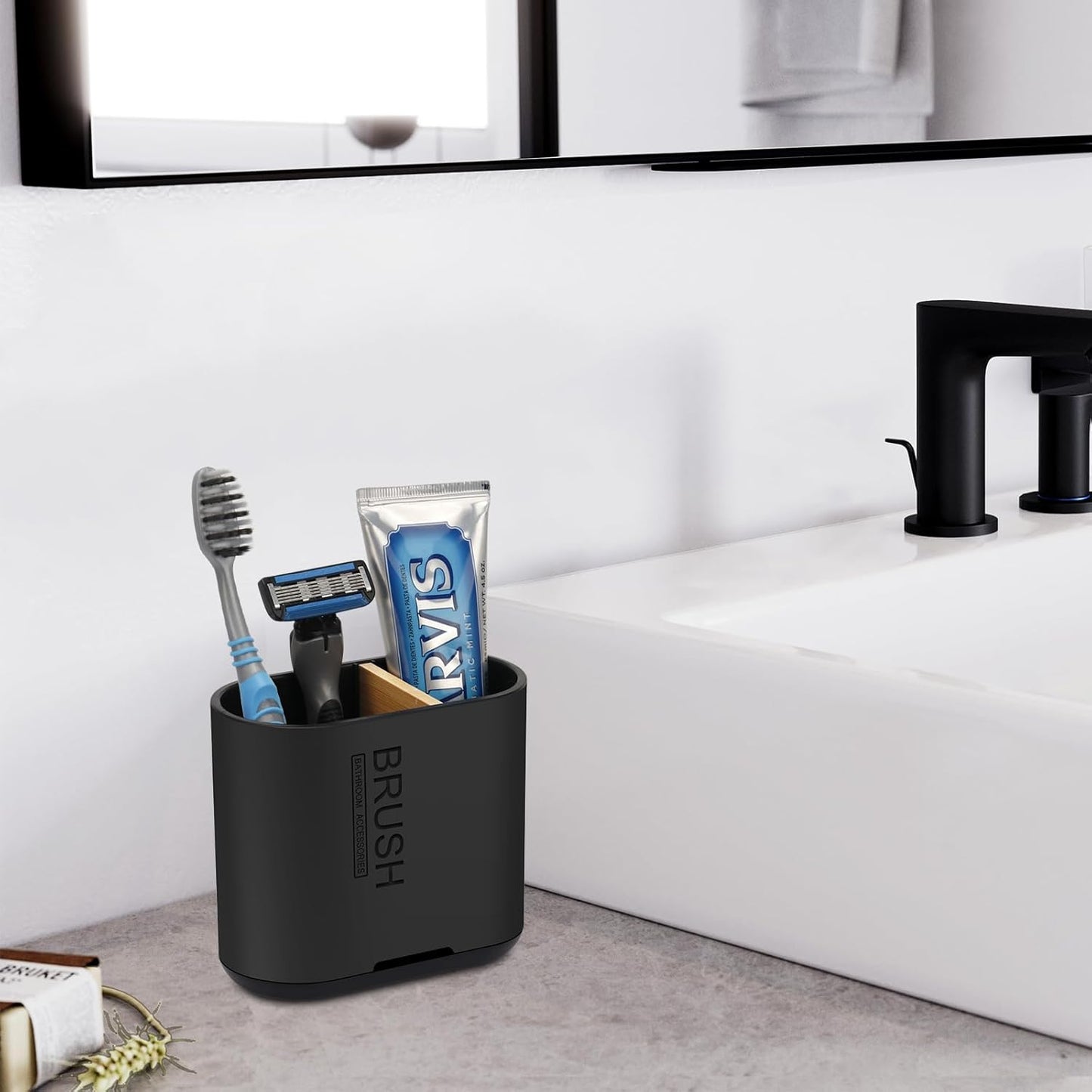 Toothbrush and Toothpaste Holder with Bamboo Divider for Bathroom Countertop Organizer, Detachable for Easy Clean, 2 Slots Electric Toothbrush Holders Storage Caddy Drainage for Family-Black