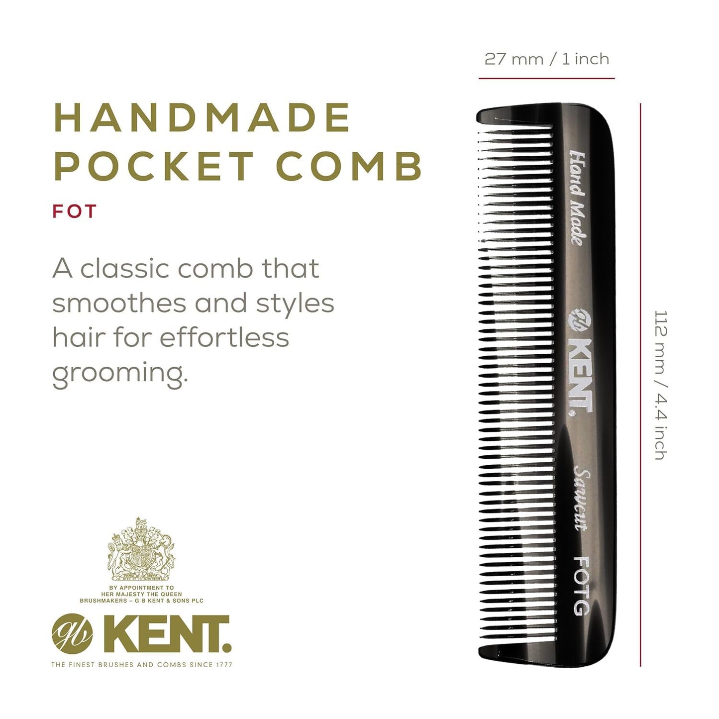 Kent FOT Black Graphite Fine Tooth Beard Comb - 4.5" Handmade Pocket Travel Comb for Men - Styling Combs for Fine or Thinning Hair, Mustache and Beard Care and Hair Care Kent