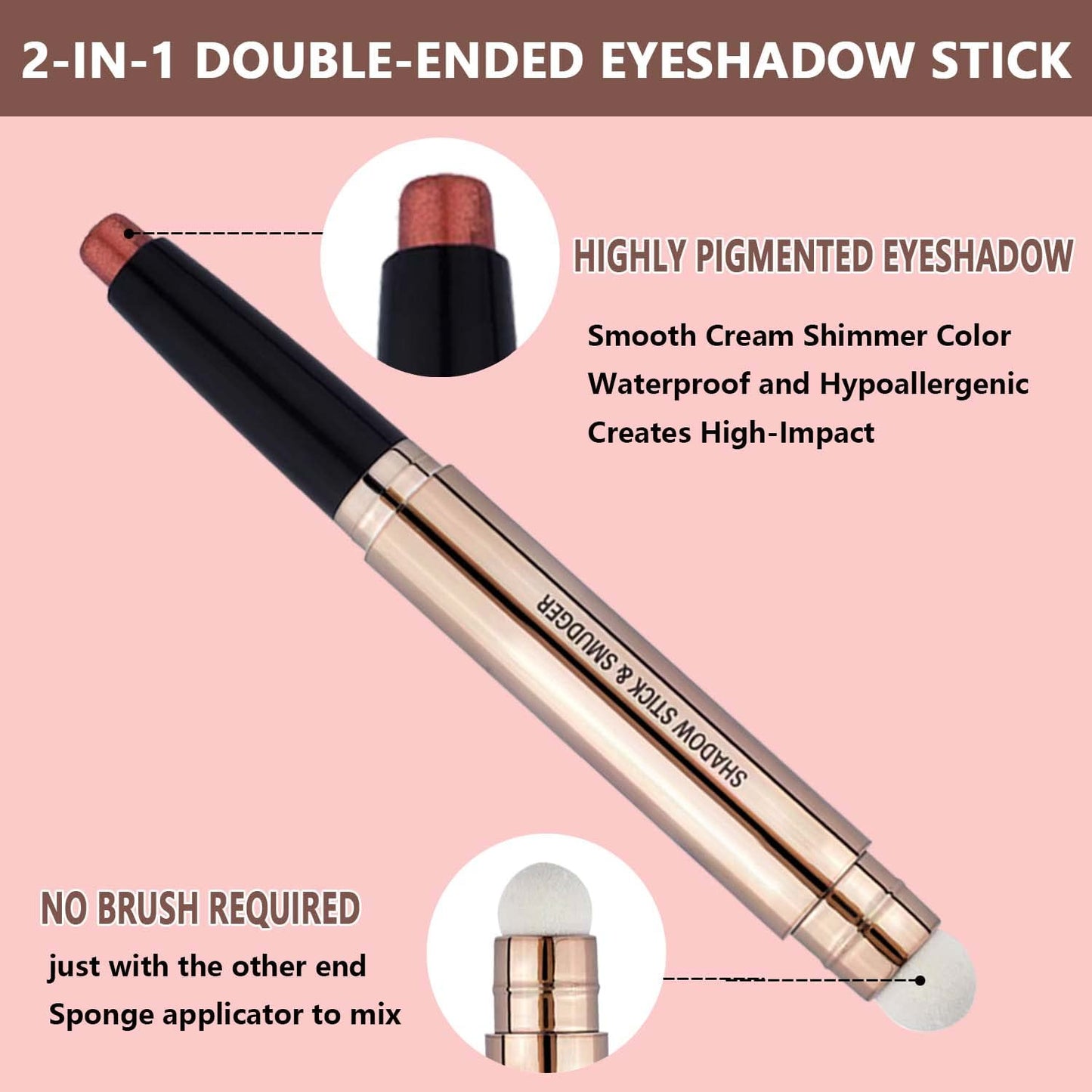 2 in 1 eyeshadow stick and Sponge Makeup Brush, Smooth Cream Shimmer Shadow Pencil Long Lasting Waterproof Eye Shadow Highlighter Stick Makeup, Hypoallergenic Multi-Dimensional eyes Look