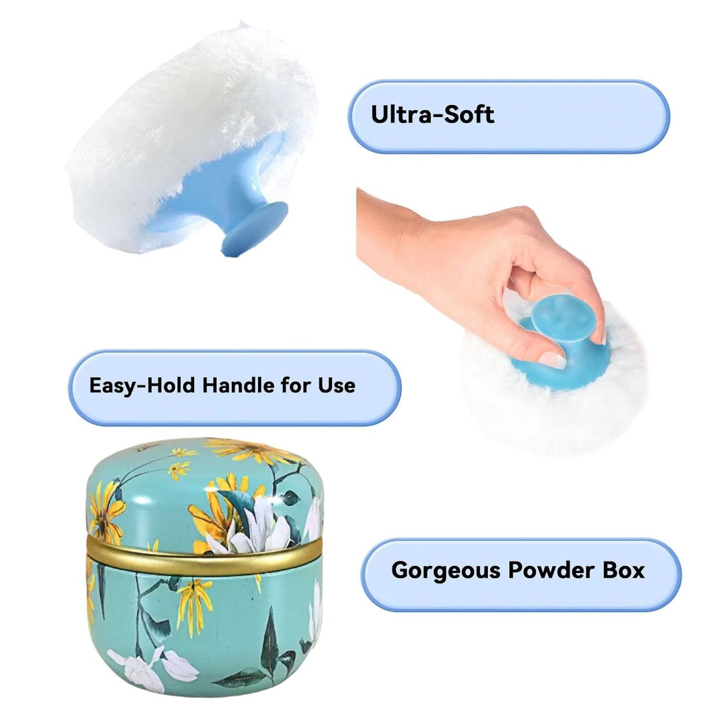 Body Powder Puff and Container, 3.35" Portable Dusting Powder Container with Soft Puff LoosePowder Case Box Jar with Lids for Baby Women Home and Travel Use