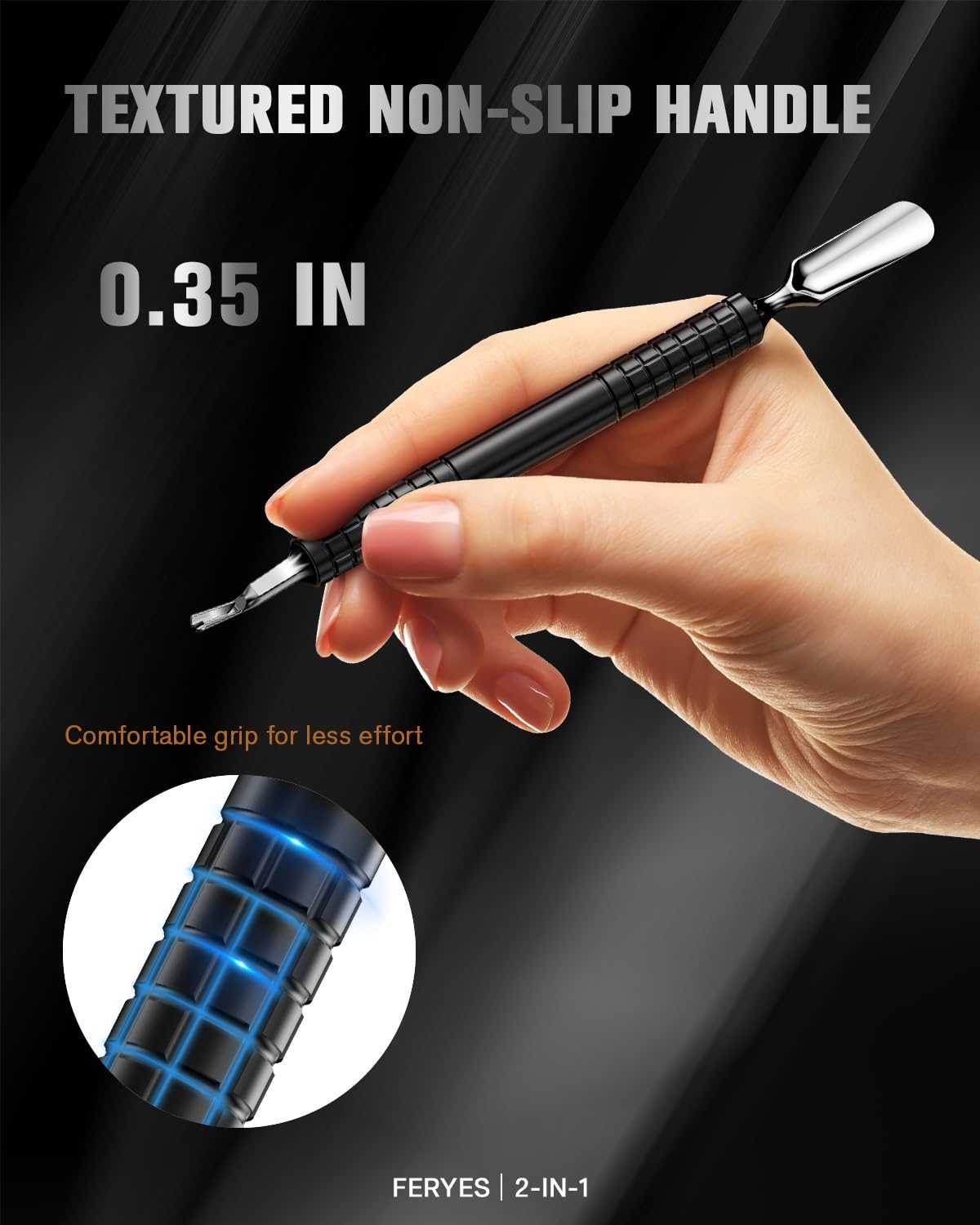 FERYES Cuticle Pusher with Fork, 2-in-1 Cuticle Remover Tool, Upgraded Stainless Steel Cuticle Trimmer Nail Care Tool for Manicures- Black(5.8 Inches）