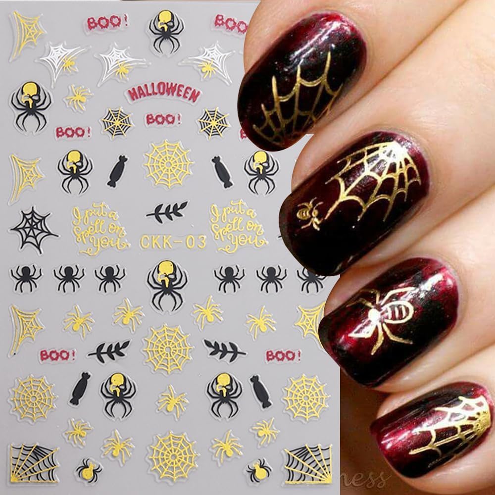 8Pcs Halloween Nail Stickers Spider Web Nail Decals Gold DIY Self Adhesive Ghost Cobweb Nail Design Halloween Nail Decoration Supplies Holiday Manicure Accessories for Women Girls