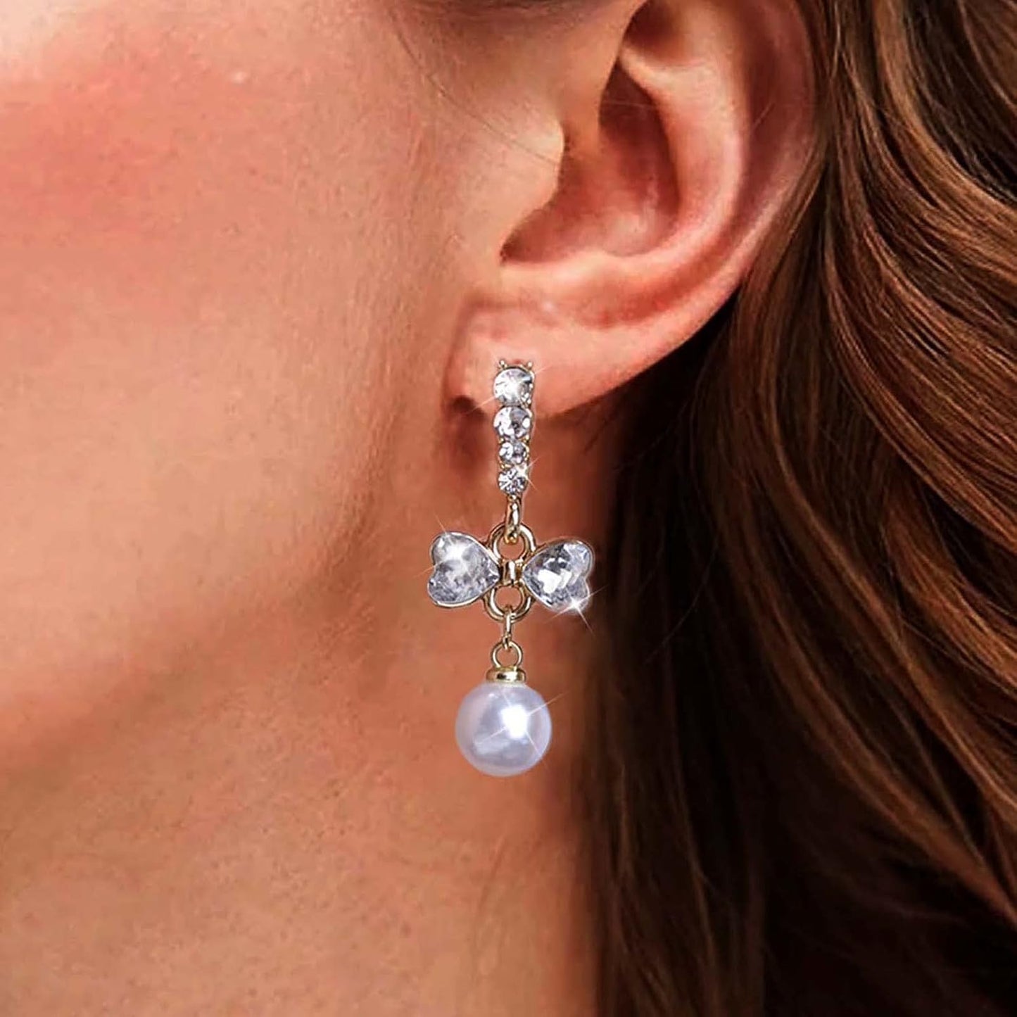 Vintage Crystal Pearl Dangle Earrings Rhinestone Bow Drop Earrings Cz Pearl Earrings Gold Pearl Bow Stud Earrings Jewelry for Women