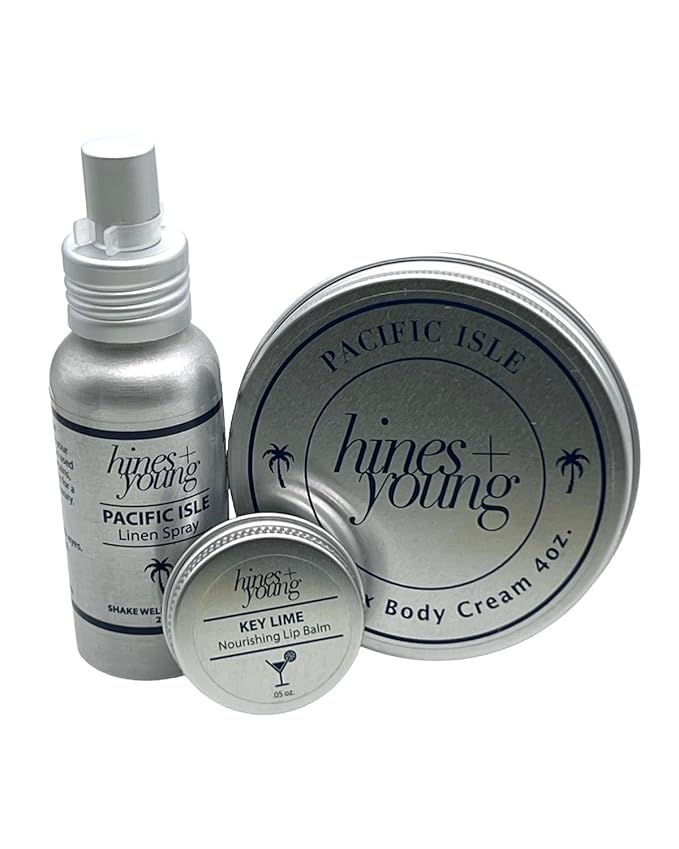 Hines+Young Travel Tins Gift Set - 4 oz Body Cream, 2 oz Linen Spray, Natural Lip Balm - Skin Care and Refreshing Home Fragrance, Ideal Self-Care Gift Set (Pack of 3, Pacific Isle)