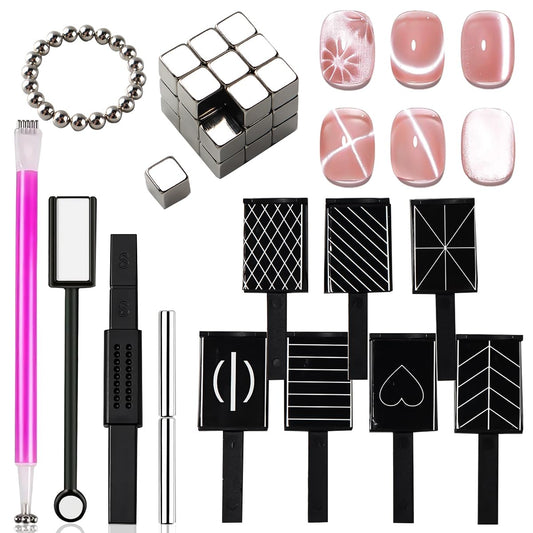 59 Pcs Nail Magnet Tool Set,3D Cat Eye Gel Painting Nails Art Strong Magnetic Wand, Multi-function Cube Magnets Round Magnet Beads Nail Design Tools for Glitter Cat Eye Effect DIY Accessories
