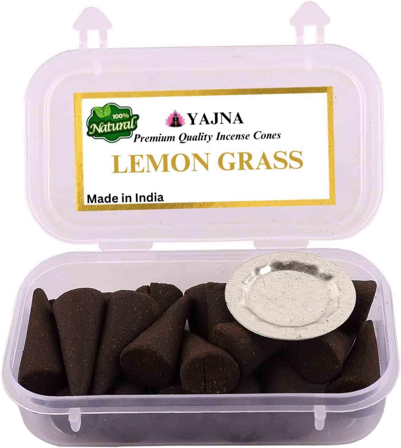 Yajna Lemon Gras 100%-Natural-Incense-Cones Handmade-Hand-Dipped Organic-Chemicals-Free for-Purification-Relaxation-Positivity-Yoga-Meditation The-Best-scents (20 Count)