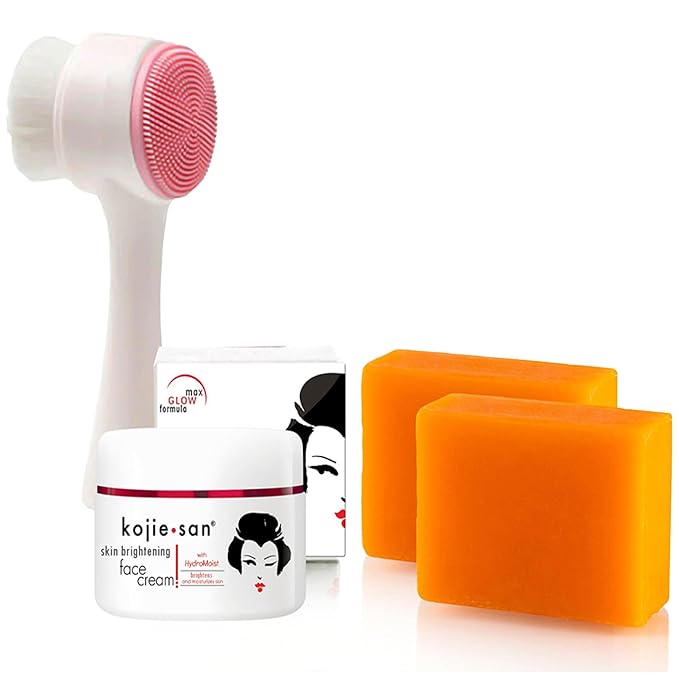 Kojie San Skincare Bundle - Facial Brightening Set with 2 Bars of Kojic Acid Soap, Face Cream & Exfoliating Face Brush