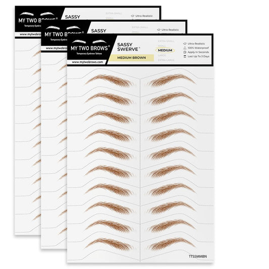 30 Pairs Medium Brown Temporary Eyebrow Tattoos, Waterproof and Smudge-Proof Medium Sassy Swerve Style Realistic Eyebrow Stickers for Women, Easy to Apply, Won't Work on Existing Brows