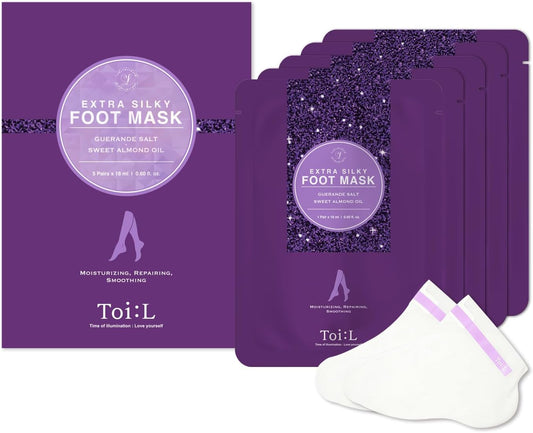 Toi:L Extra Silky Foot Mask 5 Pairs, Post-Peeling Foot Care Treatment, Moisturizing Socks with Guerande Salt & Sweet Almond Oil for Dry Feet, Cracked Heels, and Callus