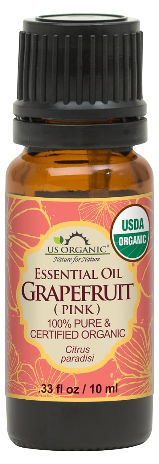 US Organic Grapefruit Pink Essential Oil, USDA Certified Organic, Cold Pressed, 100% Pure, for Face, Hair, Skin, Aromatherapy, and More (10 ml)