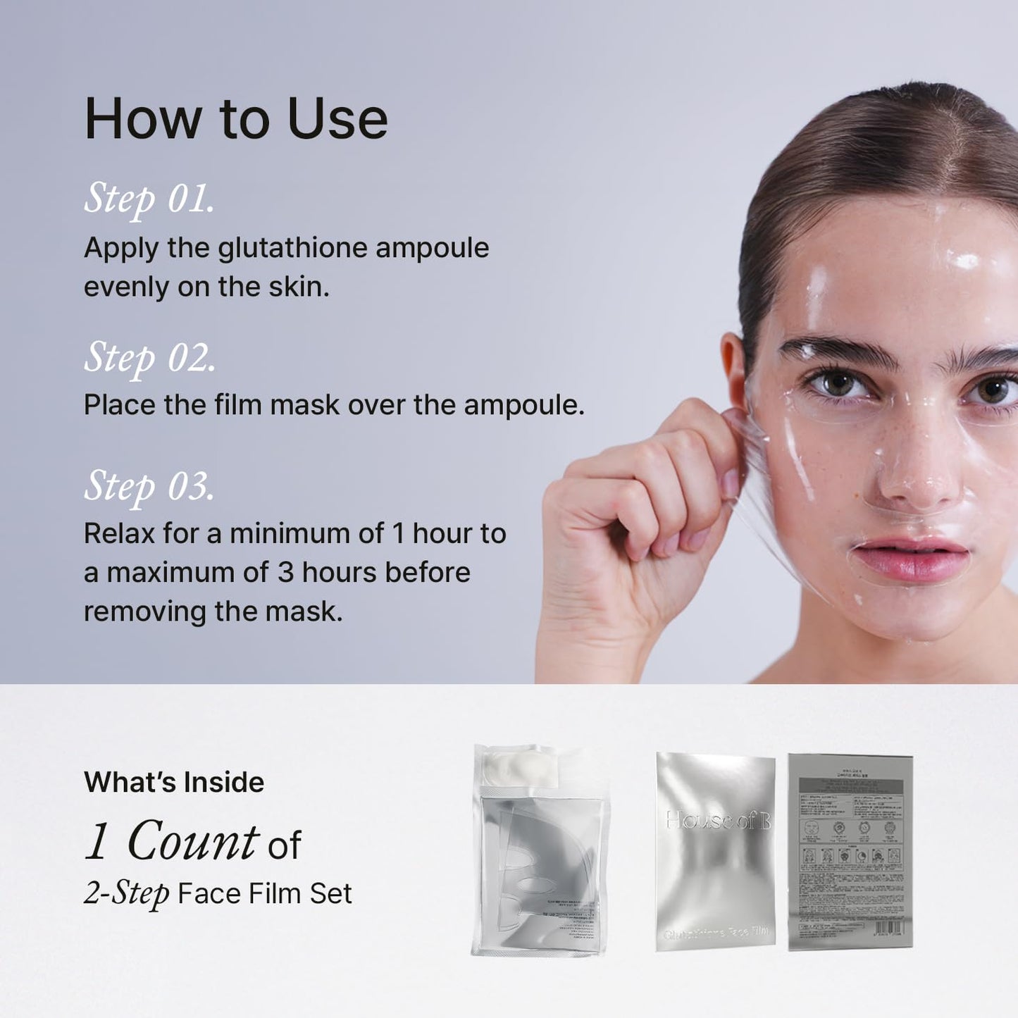 House of B Glow Glutathione 2-Step Face Film Set for Wrinkle Reduction & Skin Tone Enhancement, Shine Your Light with Korean Mask