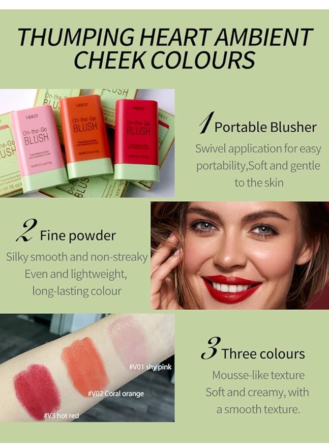 Multi-Use Makeup Blush Stick, Cream Blush Stick, Tinted Solid Moisturizer Stick for Cheek & Eyes & Lips, Waterproof Natural Nude Makeup, Suitable for All Skin (2#Hot Red)