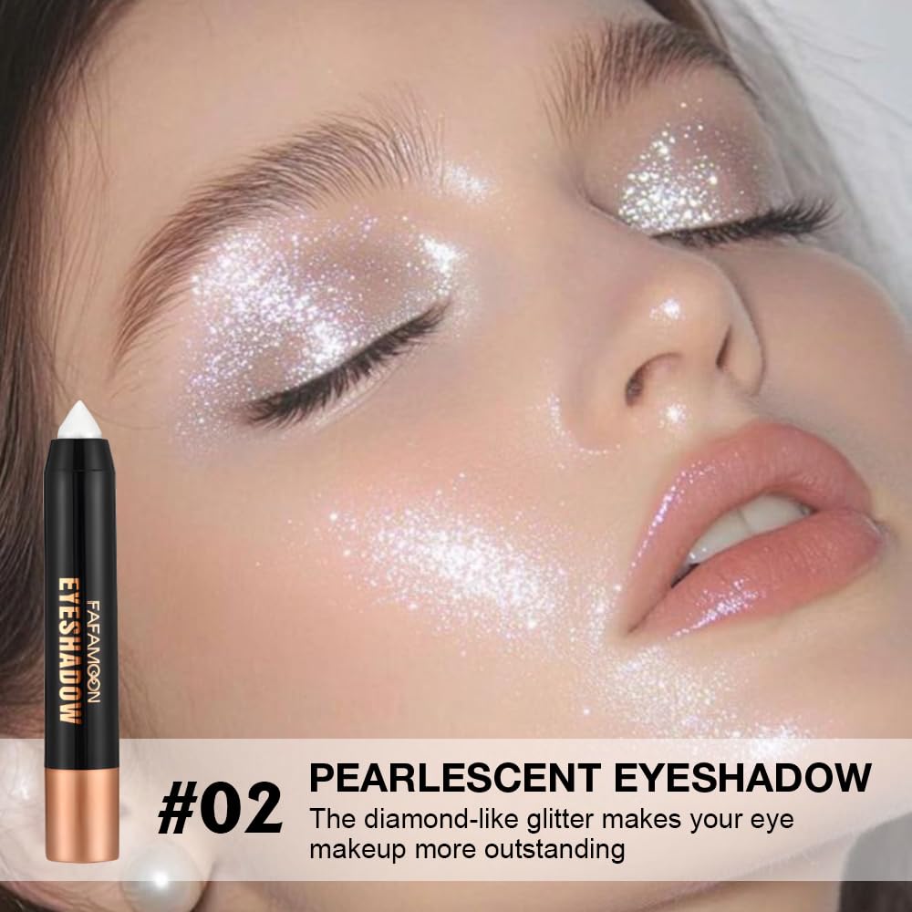 Monochrome Cream Glitter-Shimmer Eye Shadow Stick Palette makeup | 2-in-1 Eyeshadow & Eyeliner Pencil for Women | Waterproof, Vegan & Cruelty-Free | Sombras Para Ojos | 02 Shimmer White