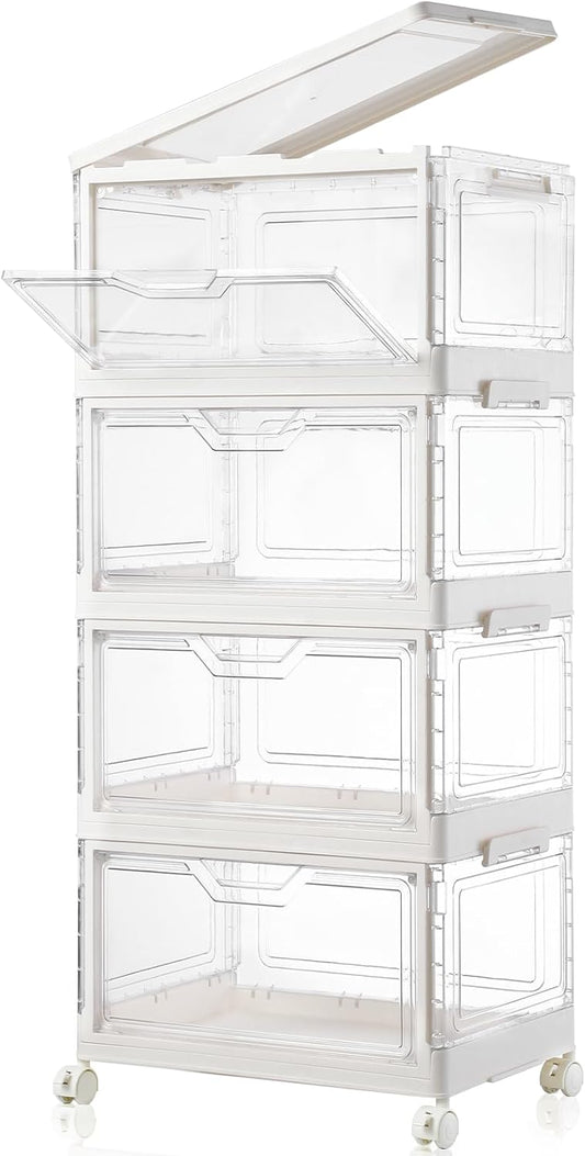 Collapsible Plastic Storage Bins with WheelsClear Stackable Storage Bins with Lid Stackable Storage Bins with Open Door Folding Storage Bins Organizer for Closet Bedroom Living Room