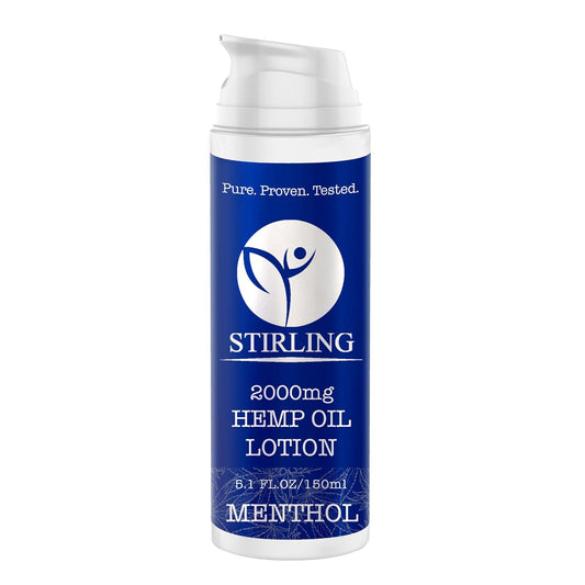 STIRLING Menthol Lotion + Hemp Oil – Maximum strength relief with cooling menthol and 100% pure hemp oil to soothe joints, relax muscles, and hydrate with aloe vera. 5 fl oz. (2000mg, Menthol)
