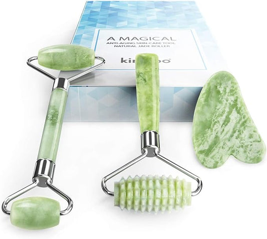 kimkoo Jade Roller and Gua Sha for Face-3 in 1 Kit with Facial Massager Tool,100% Real Natural Jade Stone Anti Aging,Face Beauty Set for Eye Anti-Wrinkle