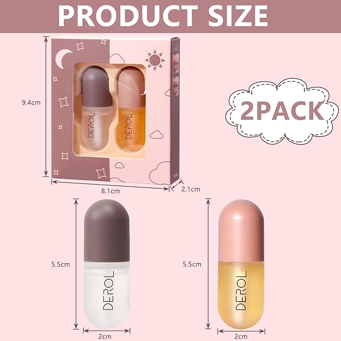 DEROL 2Pcs Natural Lip Plumper, Plant Extracts Plumping Lip Serum, Lip Enhancer Including Day and Night Lip Plumping Balm, Lip Care Serum for Fuller & Hydrated Sexy Lip (5.5MLX2)