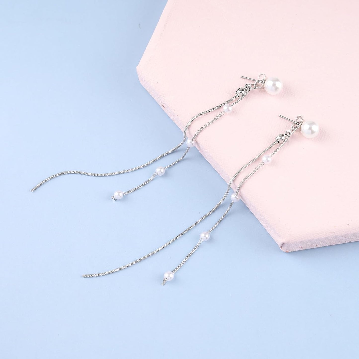 Boho Long Pearl Dangle Drop Earrings Vintage Silver Pearl Chain Dangle Earrings Statement Tassel Pearl Dangle Earrings Wedding Prom Pearl Earrings Jewelry for Women