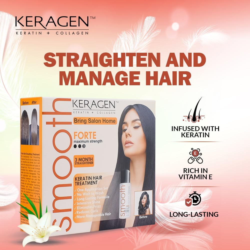 Keragen Brazilian Keratin Hair Smoothing Treatment - Express Home Blowout Kit - Straightens & Smooths Frizz - With 2 Oz Forte Treatment, Clarifying Shampoo & Aftercare Samples