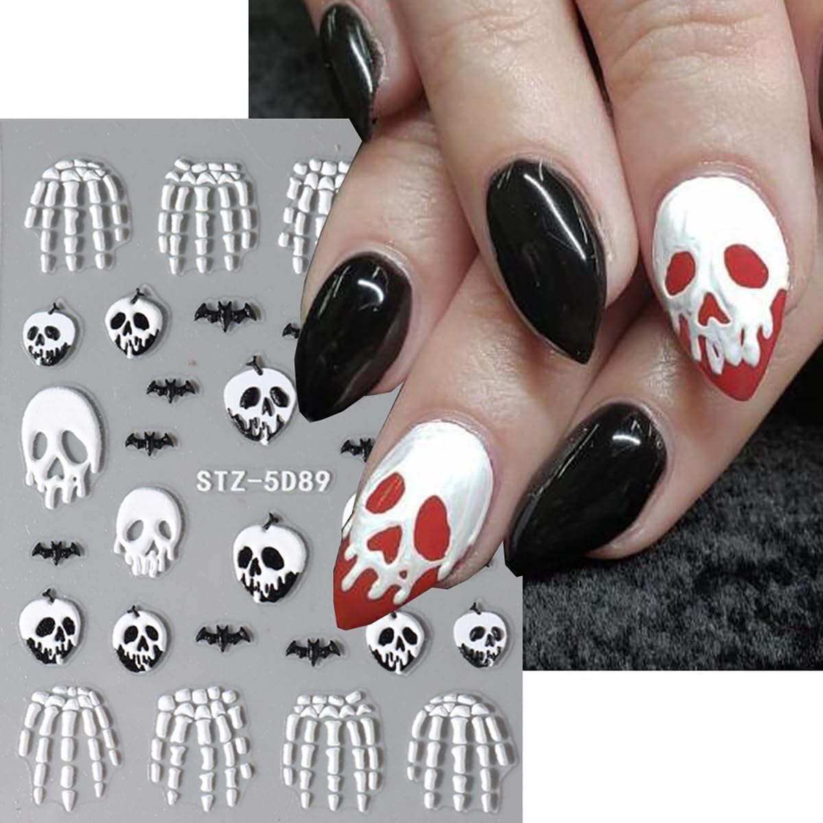 5D Halloween Nail Art Sticker - Embossed Horror Ghost & Skull Decals with Flame, Spider Web, Bat, Evil Eye & Skeleton Designs - Self-Adhesive for Women - 8 Sheets