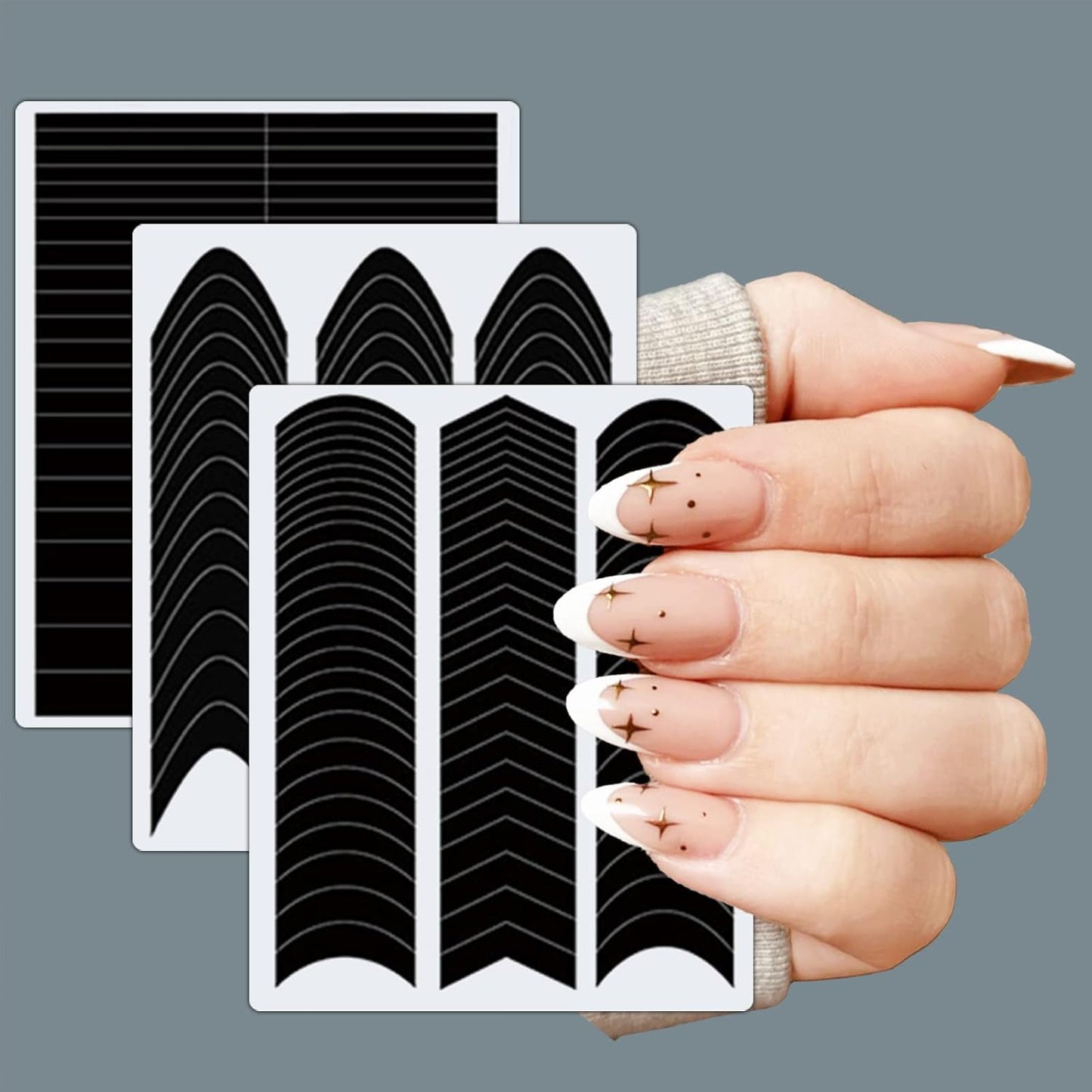 1860 Pcs French Tip Nail Guides, Self-Adhesive French V-Shaped Moon Shaped Manicure Strip Stickers for Edge Auxiliary Black DIY Decoration Stencil Tools(5 Designs, 36 Sheets)