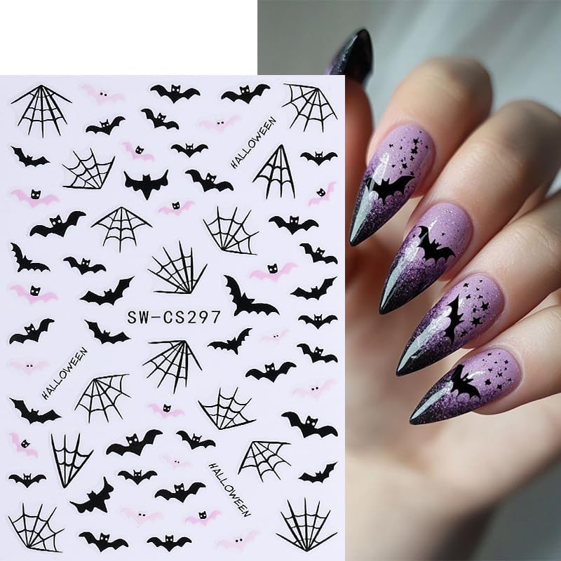 6 Sheets Halloween Nail Art Stickers Decals 3D Self-Adhesive Cartoon Bat Spider Web Skull Nail Stickers French Flame Spider Web Heart Nail Decals Supplies for Women DIY Holiday Manicure Decorations