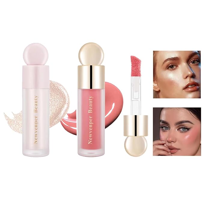 Liquid Highlighter, Liquid Blush with Face Brush Long Lasting Smooth Lightweight Smudge Proof Blush+ Highlighter
