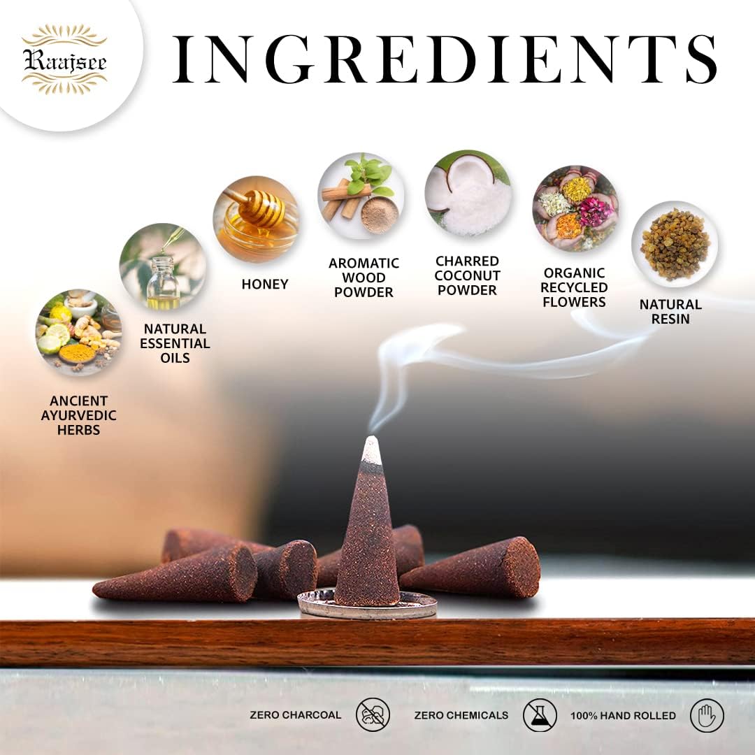Raajsee Natural Incense Cones,6 Pack Mixed Scents Gift Pack 15 pc Each (90 Total), Insense Cones Variety Pack, 100% Organic Non Toxic Natural - Hand Rolled Free from Chemicals (Pack 1)